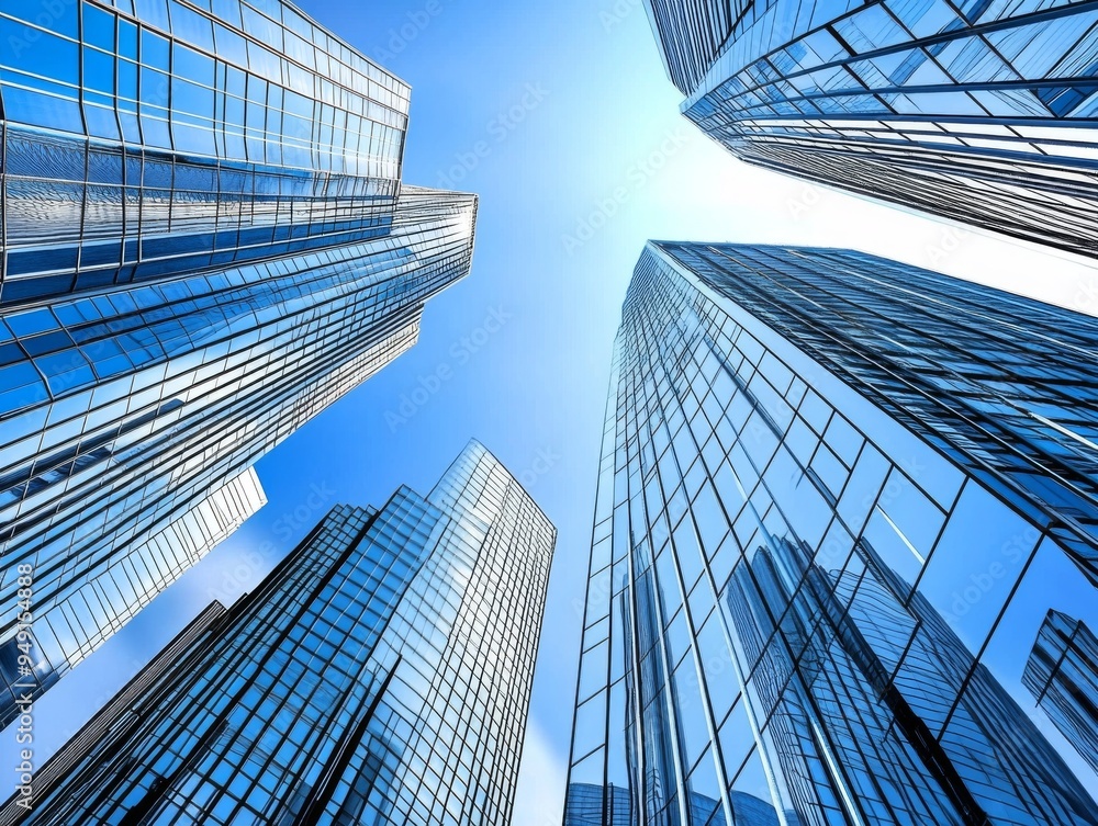 © 为轩 张 - Ground-up perspective of modern skyscrapers with glass facades against a blue sky, showcasing a futuristic urban landscape with realistic shadows, reflections, and high-definition detail. © 为轩 张 - Ground-up perspective of modern skyscrapers with glass facades against a blue sky, showcasing a futuristic urban landscape with realistic shadows, reflections, and high-definition detail.