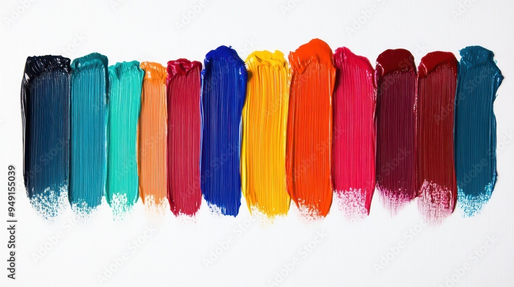 An array of vibrant paint brush strokes showcases a lively palette of colors on a smooth white surface, perfect for artistic inspiration An array of vibrant paint brush strokes showcases a lively palette of colors on a smooth white surface, perfect for artistic inspiration