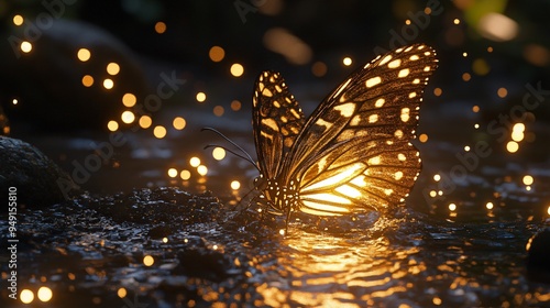 Luminous Butterfly: A magical, surreal butterfly with glowing wings rests on a dark, glistening surface, surrounded by sparkling light. A captivating image for fantasy, dreams, and nature themes. 
