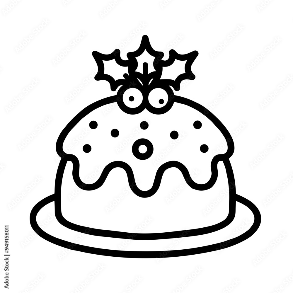 This delightful Christmas pudding, adorned with holly and icing, sits invitingly on a plate, perfectly set for a festive holiday feast This delightful Christmas pudding, adorned with holly and icing, sits invitingly on a plate, perfectly set for a festive holiday feast