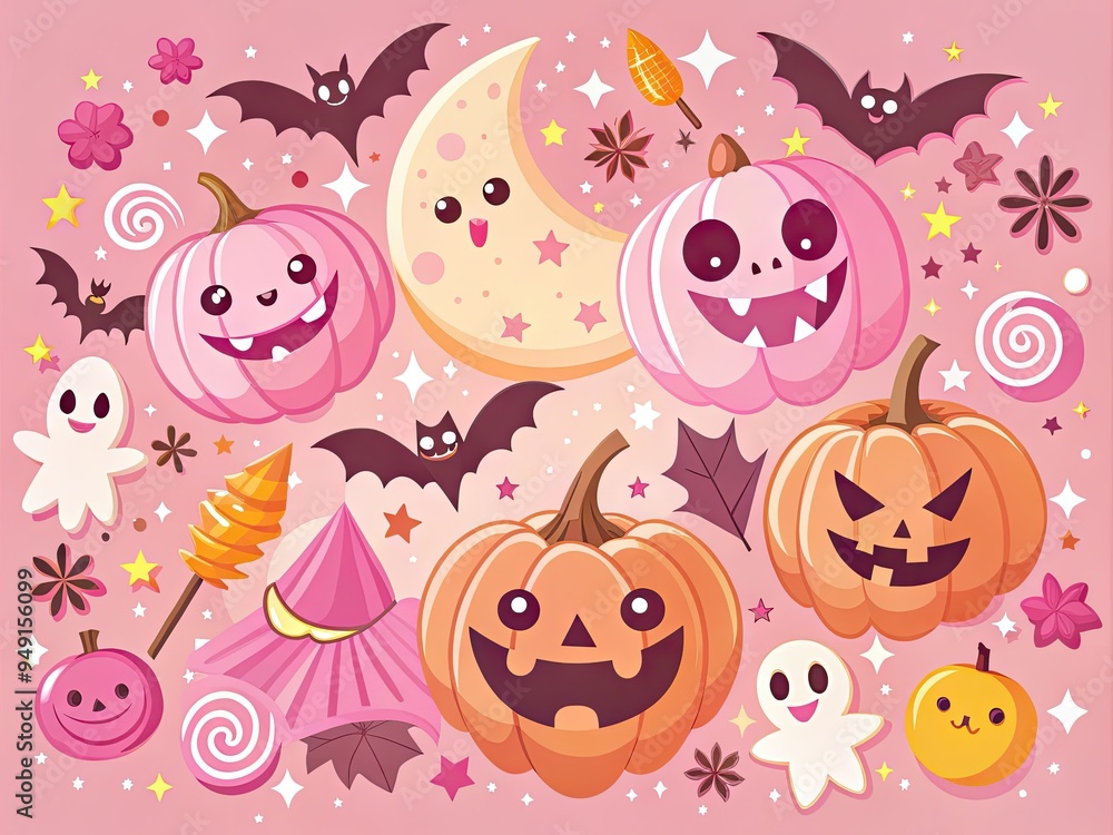 Whimsical Halloween vector design with a playful and kooky style and pastel pink colors Whimsical Halloween vector design with a playful and kooky style and pastel pink colors