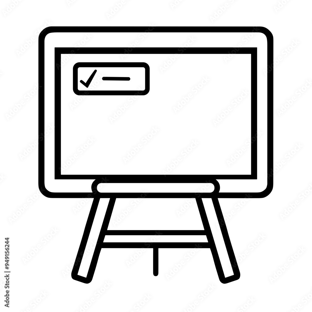 A blankboard rests on an easel, featuring a small checkmark symbol in a contemporary office environment. Natural light enhances the space A blankboard rests on an easel, featuring a small checkmark symbol in a contemporary office environment. Natural light enhances the space