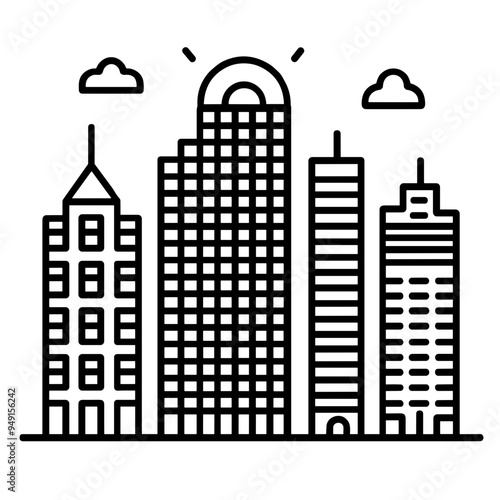 A collection of tall buildings representing an urban skyline, featuring modern architecture and scattered clouds overhead during daylight