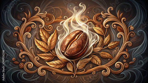 Whimsical hand-drawn illustration of a single coffee bean surrounded by swirling steam lines and ornate foliage, evoking a sense of warmth and cozy comfort. photo