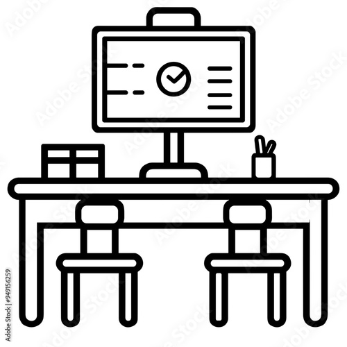 A tidy workspace features a computer screen showing completed tasks, with a wooden desk, two chairs, and organized office supplies nearby