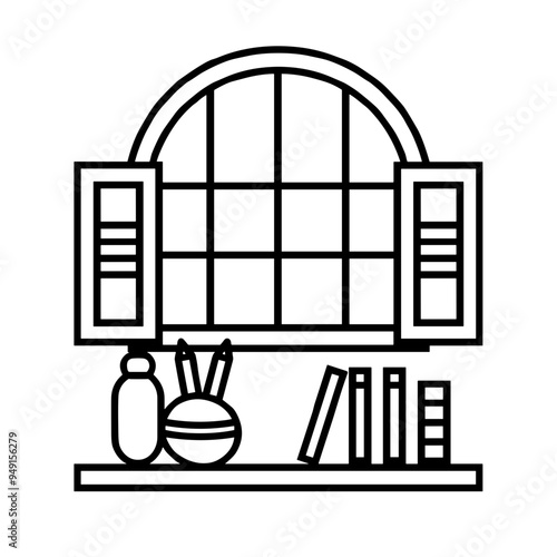 A bright room features a large arched window with open shutters, overlooking a shelf adorned with books, a bottle, and a charming decoration, evoking comfort