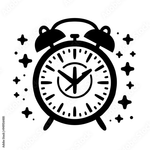 A black alarm clock with two bells displays the time, surrounded by sparkling stars, representing the essence of time and daily routines, Striking Midnight holiday