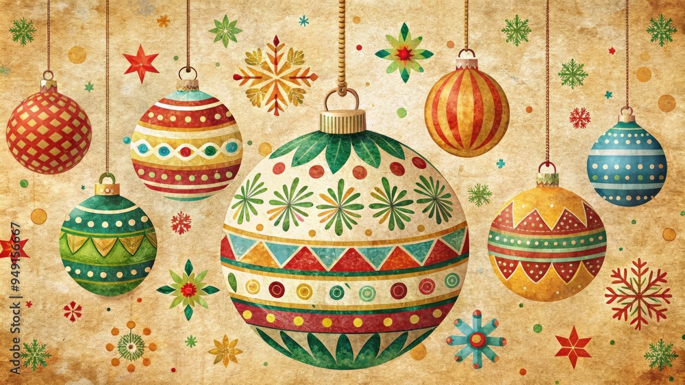 Whimsical holiday ornament illustration with festive patterns and colors on a textured paper background Whimsical holiday ornament illustration with festive patterns and colors on a textured paper background