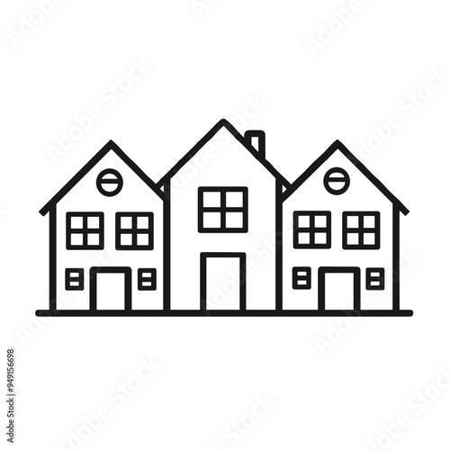 Three houses are depicted in a minimalistic black outline style, showcasing a friendly neighborhood vibe with open doors and windows on