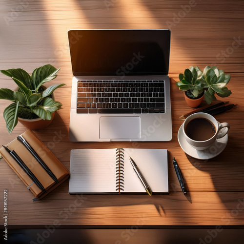 Desk Workspace- An image showcasing a neatly arranged desk with a laptop, notebook, pen