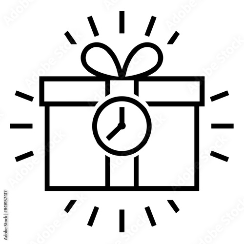 The wrapped gift box features a bow and a clock, conveying excitement and the importance of timing during special celebrations and events
