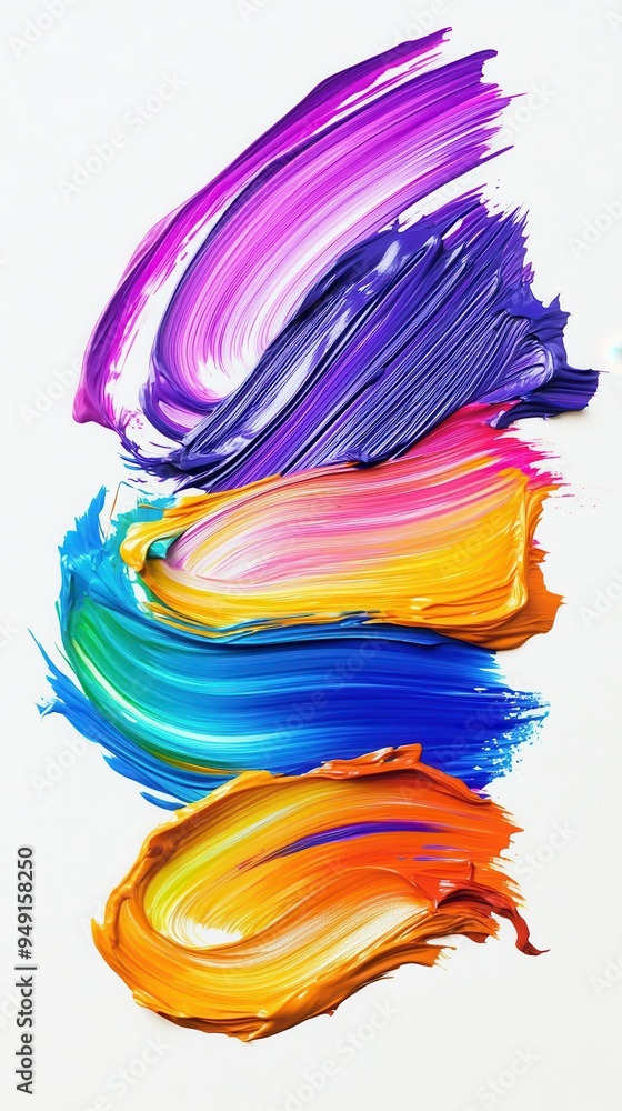 Brightly colored brush strokes create an abstract display of artistic expression on a smooth white canvas Brightly colored brush strokes create an abstract display of artistic expression on a smooth white canvas