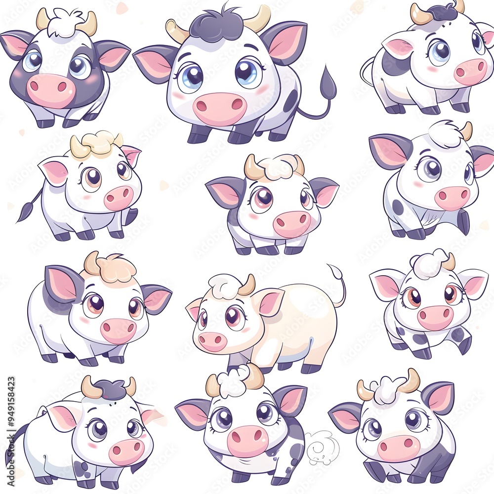 Fototapeta premium set icon of cute cartoon Cow in pastel colors, white background, vector art illustration 