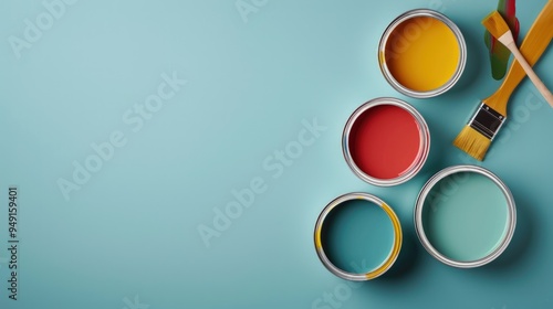Paint Cans and Brush on a Blue Background