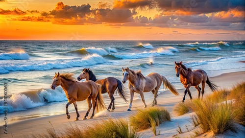 Wild horses roam freely on Assateague Island's windswept beaches, surrounded by sandy dunes, marsh grasses, and serene Atlantic Ocean waters at sunset. photo