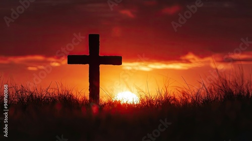 Cross silhouette against a dramatic sunset, representing faith and hope in Christianity.