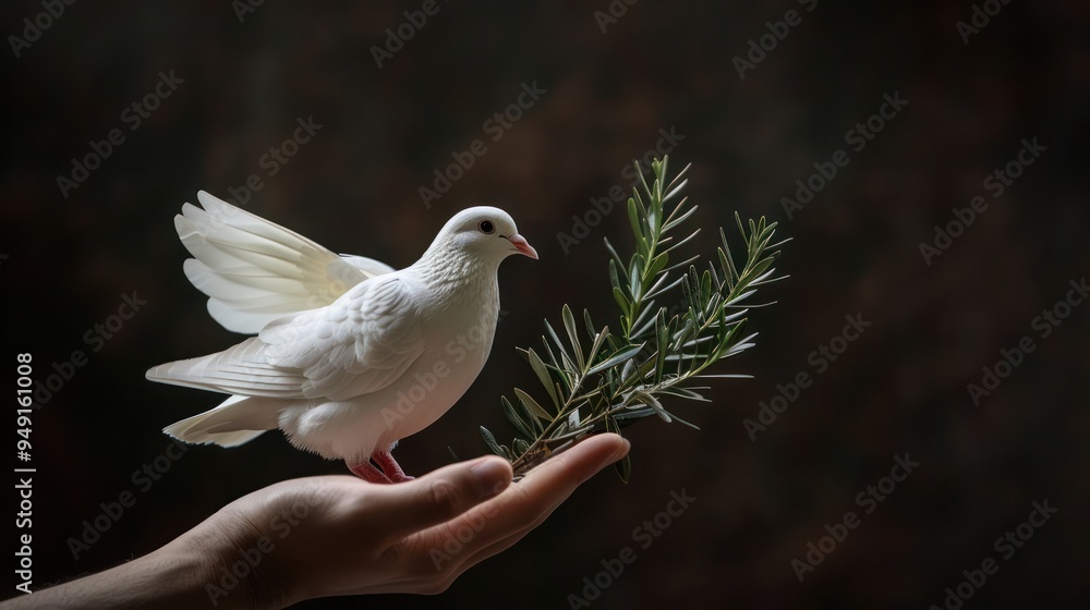 Peaceful Symbol: White Dove with Olive Branch on Hand in Dark Background Peaceful Symbol: White Dove with Olive Branch on Hand in Dark Background