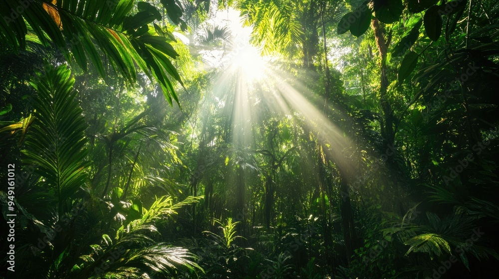 Dense canopy of the Amazon rainforest with sunlight filtering through lush green foliage, showcasing biodiversity and untouched wilderness. Dense canopy of the Amazon rainforest with sunlight filtering through lush green foliage, showcasing biodiversity and untouched wilderness.