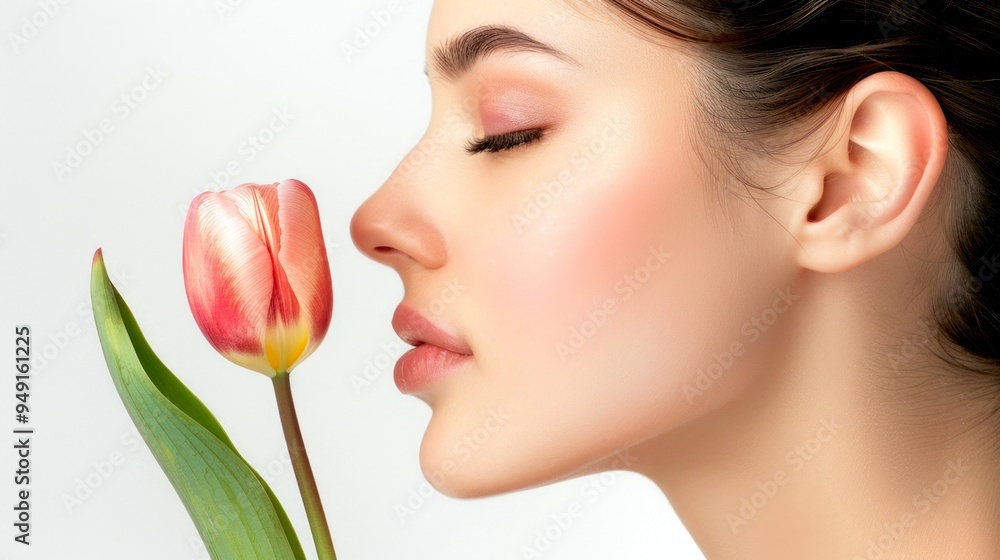 A beautiful woman enjoys the scent of a pink tulip. The soft features highlight her natural beauty. This image captures a serene moment connecting with nature. A beautiful woman enjoys the scent of a pink tulip. The soft features highlight her natural beauty. This image captures a serene moment connecting with nature.