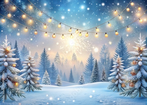 Winter wonderland holiday illustration with snowflakes lights ornaments garlands trees frosty background serene atmosphere peaceful feel calm overall photo