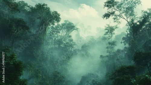 Misty morning in the Amazon rainforest with towering trees and a carpet of green, the mist creating a mystical atmosphere.