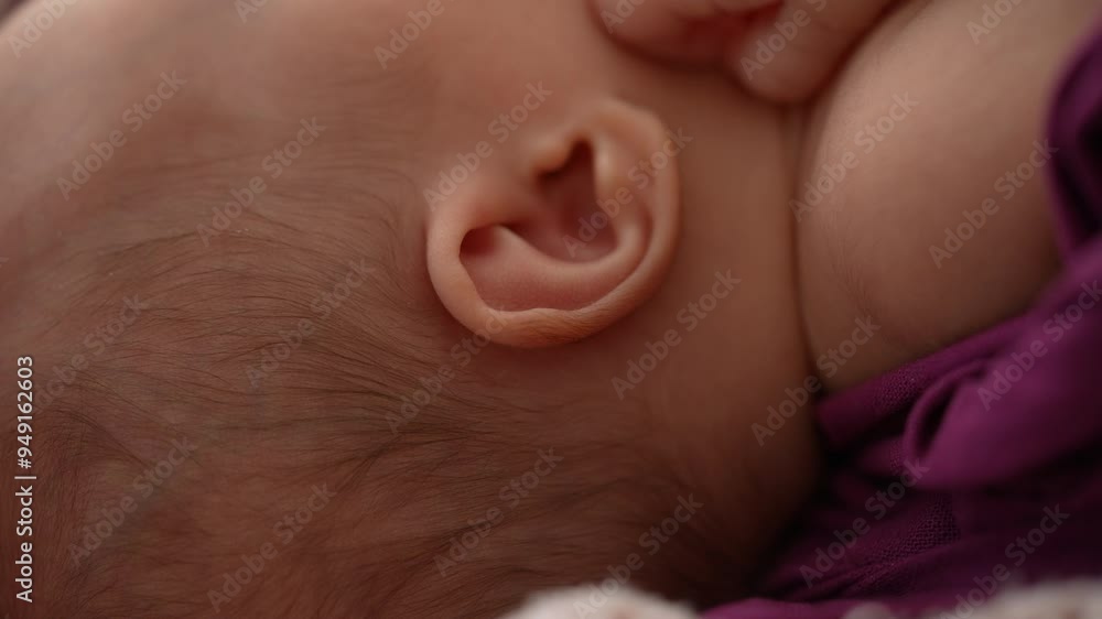 Close-up macro videography of a newborn baby ear while the baby is sleeping in the bed Close-up macro videography of a newborn baby ear while the baby is sleeping in the bed