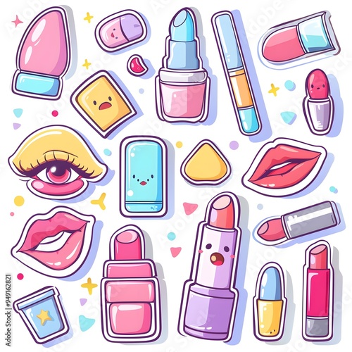 set of Cosmetics, make up icon sticker pack illustration doodle