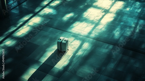 A quiet airport with the first light of dawn, an isolated suitcase appearing on a conveyor belt, shadows stretching across the floor, the scene filled with anticipation photo