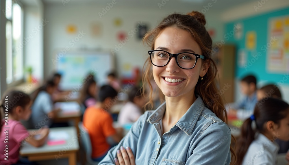 Fototapeta premium World Teachers' Day Celebrating white brunette female teacher's dedication