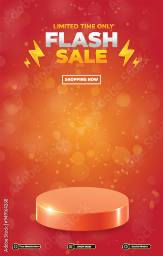 limited flash sale discount portait template banner with blank space 3d podium for social media post product sale with abstract gradient red background design10