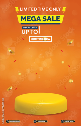 limited mega sale discount portait template banner with blank space 3d podium for social media post product sale with abstract gradient orange background design5