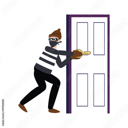 pose of thief opening the door flat illustration