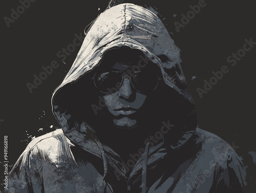 Young man in a hooded jacket and sunglasses. Grunge style.