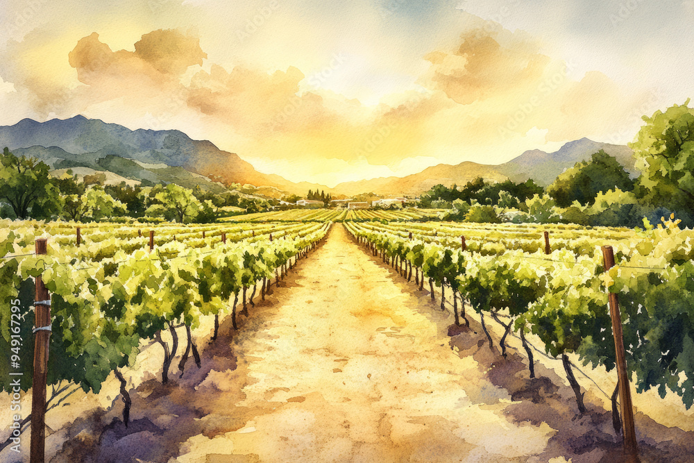 Naklejka premium Watercolor illustration of a scenic vineyard landscape with a farmer tending to the vines, set against rolling hills under a partly cloudy sky.