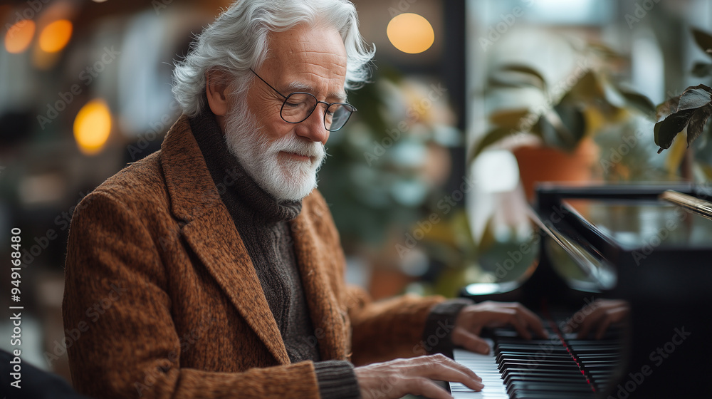 Older man playing the piano in a peaceful living room, filling the air with music. Older man playing the piano in a peaceful living room, filling the air with music.