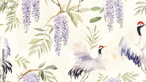 Fototapeta Naklejka Na Ścianę i Meble -  Elegant watercolor pattern featuring graceful cranes and cascading wisteria flowers, perfect for textiles and home decor.