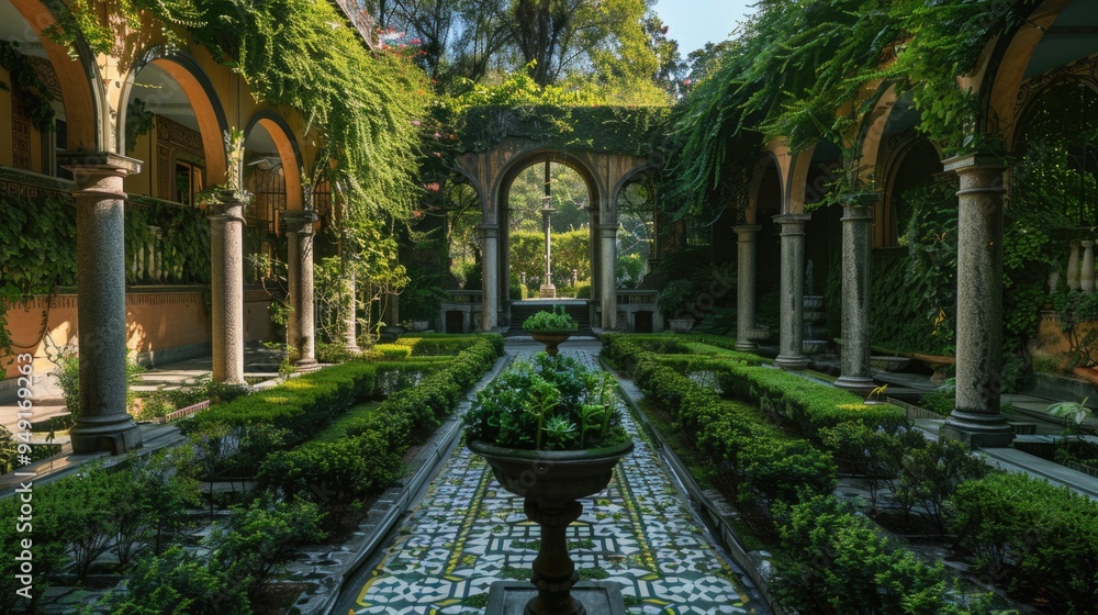 Fototapeta premium A serene outdoor setting featuring a fountain surrounded by lush greenery