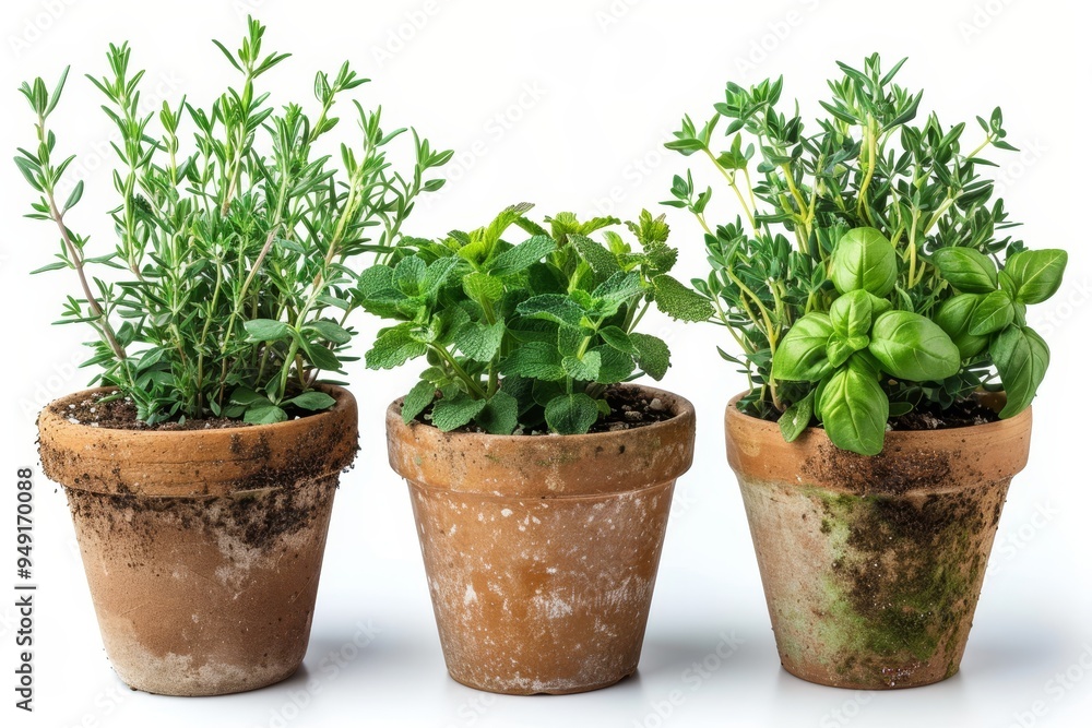 A trio of herb plants growing in rustic terracotta pots set against a white background ideal for kitchen garden ideas A trio of herb plants growing in rustic terracotta pots set against a white background ideal for kitchen garden ideas