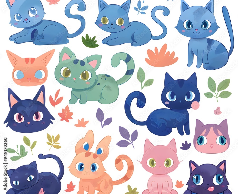 set icon of cute cat character poses scene in pastel colors, white background, vector art illustration set icon of cute cat character poses scene in pastel colors, white background, vector art illustration