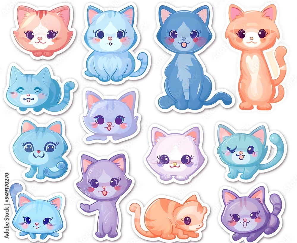 set icon of cute cat character poses scene in pastel colors, white background, vector art illustration set icon of cute cat character poses scene in pastel colors, white background, vector art illustration