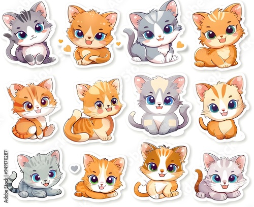 set icon of cute cat character poses scene in pastel colors, white background, vector art illustration 