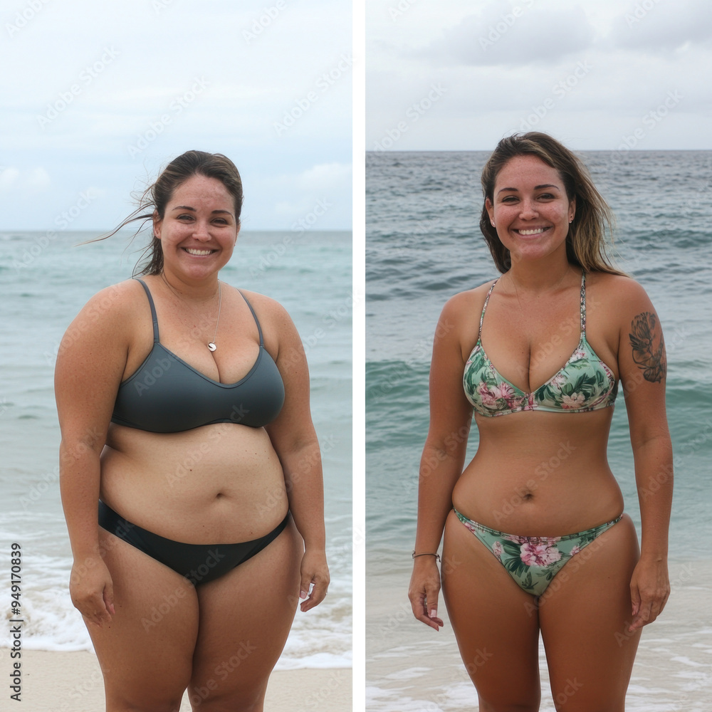 Transformational journey: A side-by-side comparison showing dramatic weight loss of obese woman in swimsuit, dedication and hard work, with a focus on body transformation and personal achievement. Transformational journey: A side-by-side comparison showing dramatic weight loss of obese woman in swimsuit, dedication and hard work, with a focus on body transformation and personal achievement.