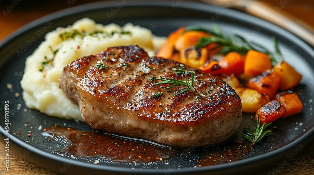 Grilled Pork Steak with Mashed Potatoes and Roasted Vegetables Grilled Pork Steak with Mashed Potatoes and Roasted Vegetables