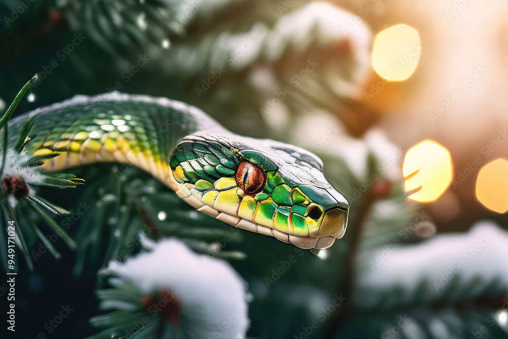 Fototapeta premium Green snake reptile on snow-covered pine branches.