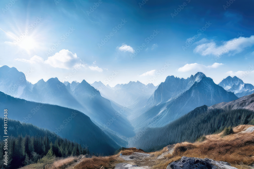 Scenic view of beautiful foggy mountains at sunrise. Scenic view of beautiful foggy mountains at sunrise.