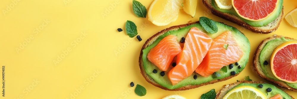 A nutritious breakfast includes avocado toast with salmon and fresh citrus slices arranged beautifully on a cheerful yellow surface. Generative AI A nutritious breakfast includes avocado toast with salmon and fresh citrus slices arranged beautifully on a cheerful yellow surface. Generative AI