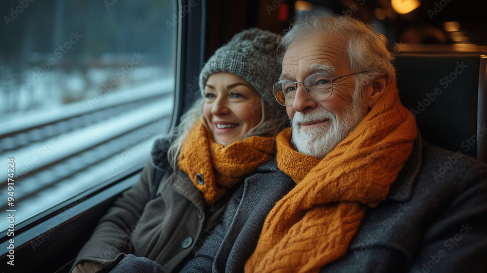 Senior couple traveling on a scenic train journey, sharing stories and enjoying the view. Senior couple traveling on a scenic train journey, sharing stories and enjoying the view.