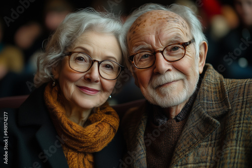 Elderly couple attending a live theater performance, dressed elegantly for the evening.