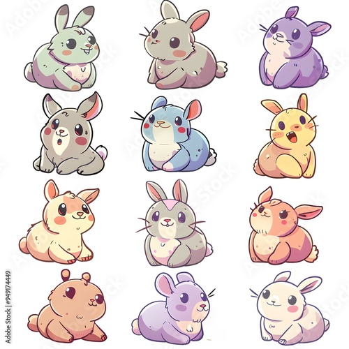 set icon of cute bunny rabbit character poses scene in pastel colors, white background, vector art illustration