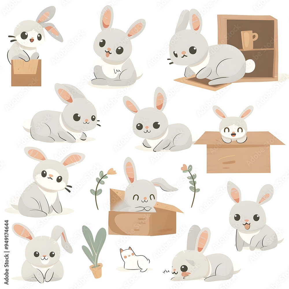 set icon of cute bunny rabbit character poses scene in pastel colors, white background, vector art illustration set icon of cute bunny rabbit character poses scene in pastel colors, white background, vector art illustration